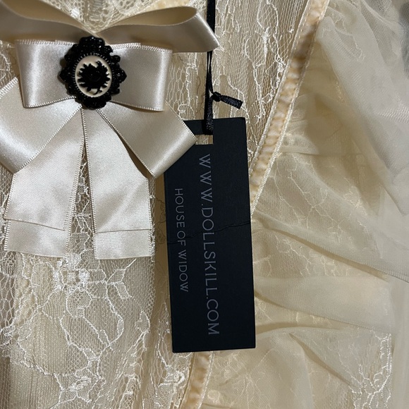 Dolls Kill Cream Sheer Lace Ruffle Blouse with Satin Bow - Picture 4 of 4